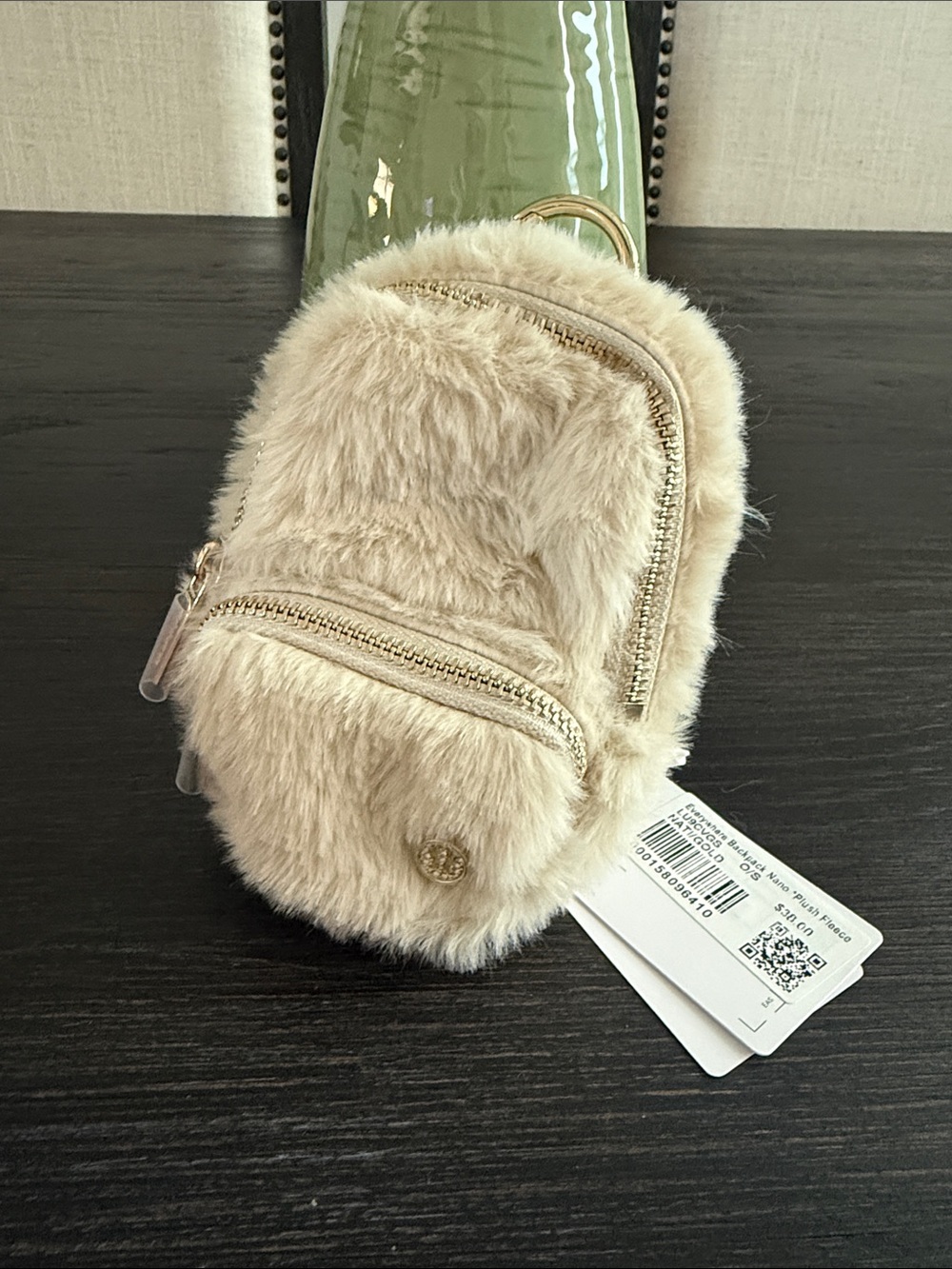 Lululemon Faux Fur Mini Backpack Coin Pouch - Beige with Gold Hardware